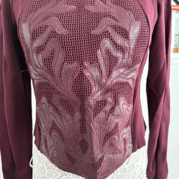 a. moss Maroon Leather Mesh Embroidered Top M - Picture 2 of 7